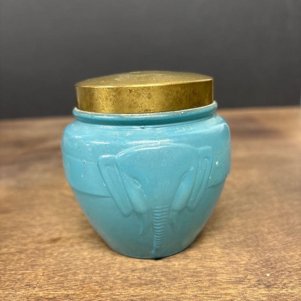 vintage Ruth Maurer Rudemar blue cosmetic glass  jar with embossed elephant